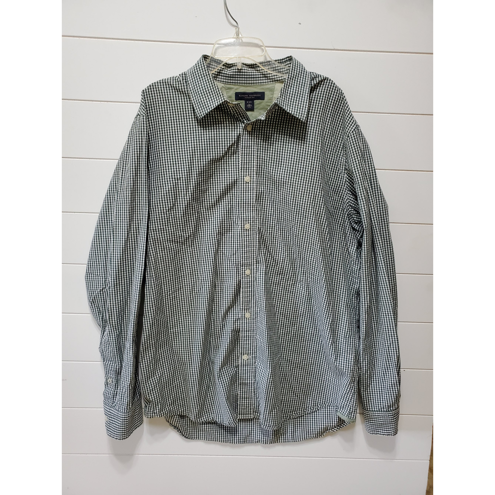Banana Republic green gray white mini check long sleeve button down